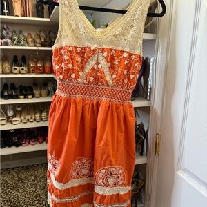 Vibrant Orange Dress with Cream Lace